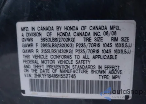 2006 Honda Pilot Ex z USA, uszkodzony, nr VIN 2HKYF18416H552746